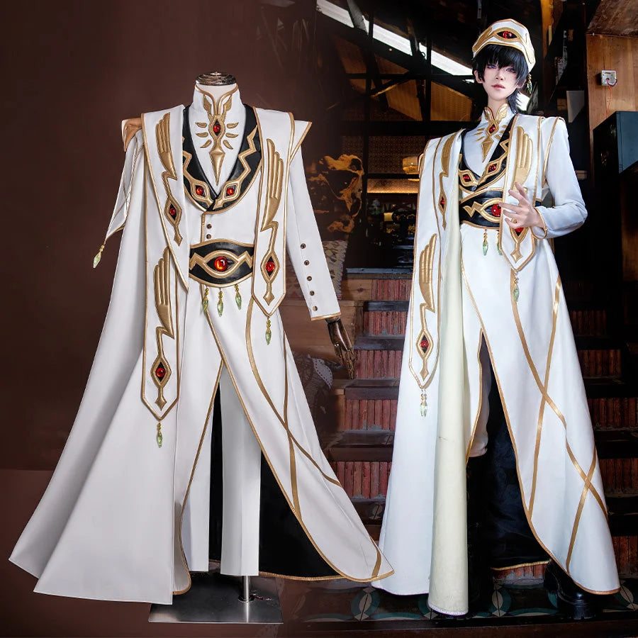 COSFUN Anime Lelouch cosplay emperor outfit layers gold trim and red gems across the full set.