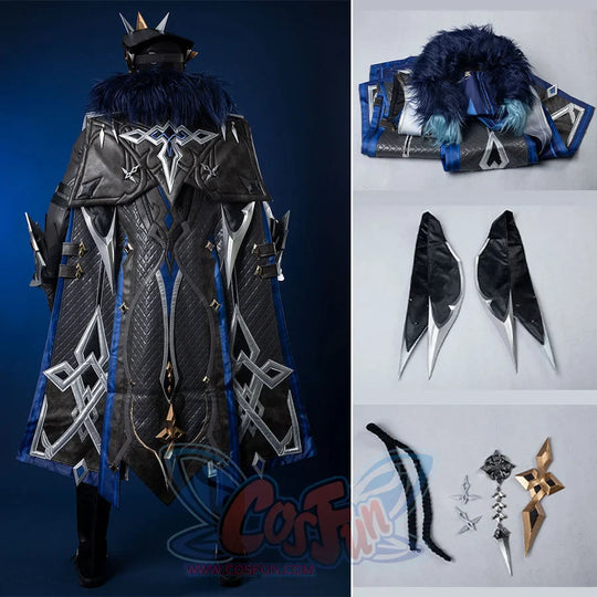 Genshin Impact Il Capitano cosplay cape rear view gathers fur collar above silver geometric shoulder guards and accessories.