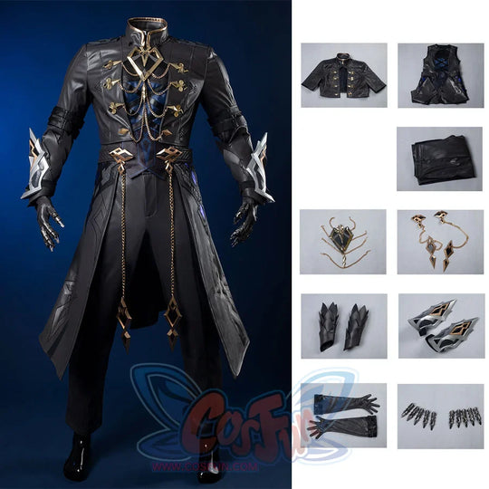 Genshin Impact Il Capitano cosplay separates trace dark grey overcoat paired with patterned vest and chain accessories.