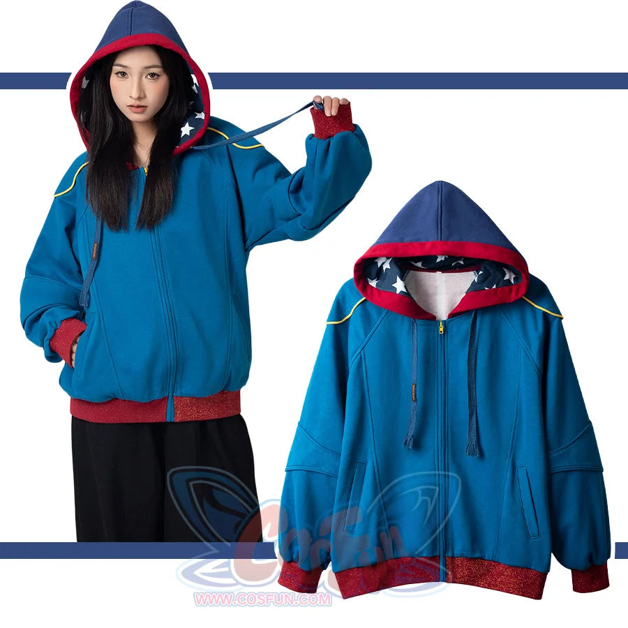 Blue Homelander cosplay jacket with star-patterned hood, front and flat view
