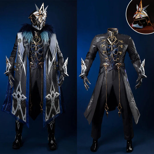 Genshin Impact Il Capitano cosplay multi-layer costume anchors blue fur-trimmed vest beneath grey coat and chest chains.