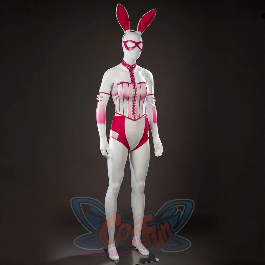 Peacemaker Jaina Hudson White Rabbit cosplay costume angles the corset front between white sleeves and pink panels.