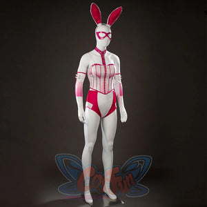 Peacemaker Jaina Hudson White Rabbit cosplay costume angles the corset front between white sleeves and pink panels.