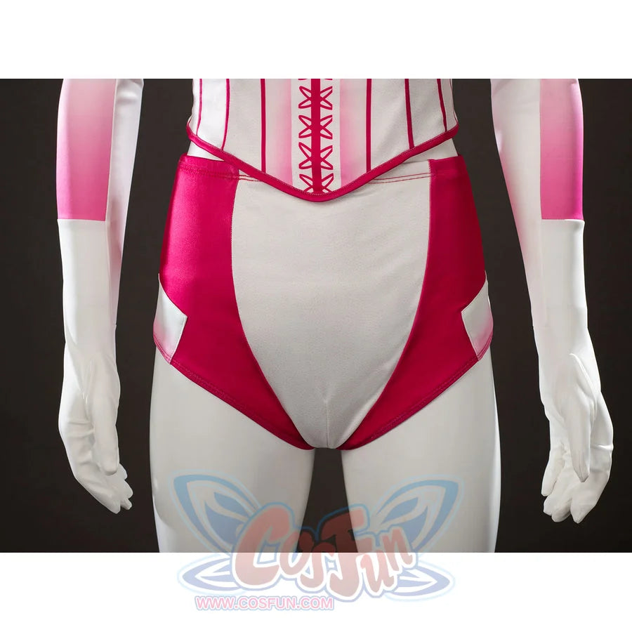 Peacemaker Jaina Hudson White Rabbit cosplay costume centers red brief panels beneath the white corset.