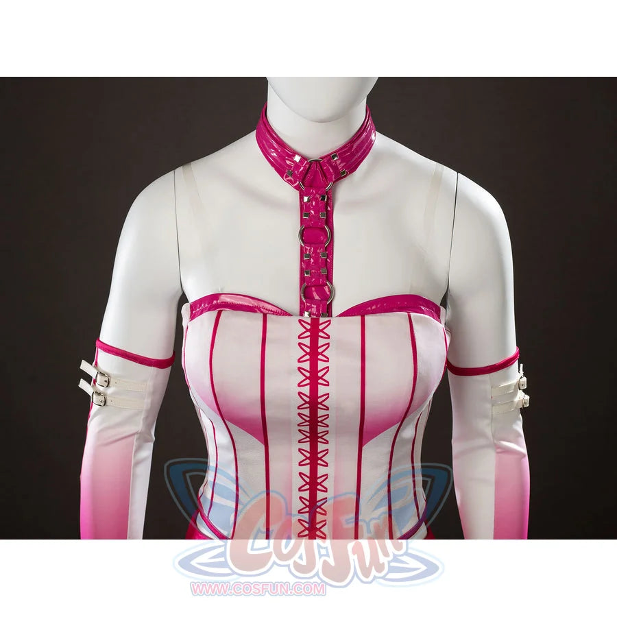 Peacemaker Jaina Hudson White Rabbit cosplay costume anchors pink lacing down the white corset bodice.