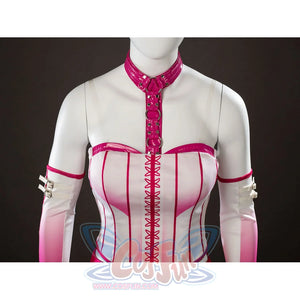 Peacemaker Jaina Hudson White Rabbit cosplay costume anchors pink lacing down the white corset bodice.