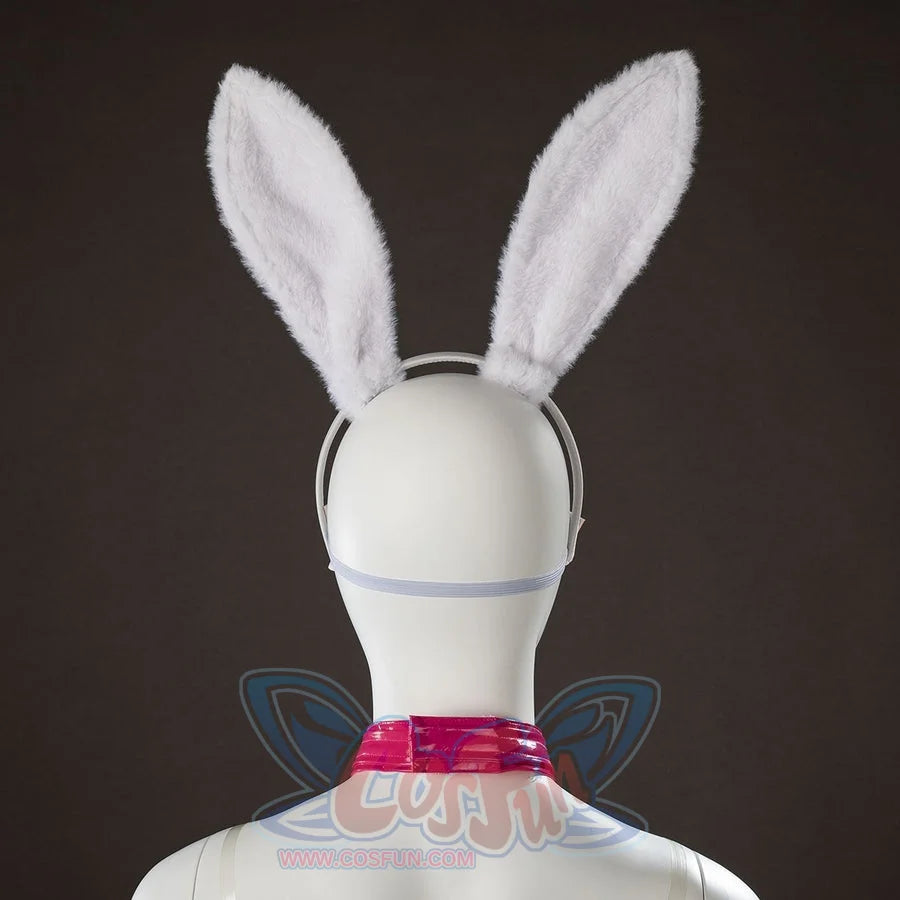 Peacemaker Jaina Hudson White Rabbit cosplay costume turns the tall bunny ears and pink neck band from the back.