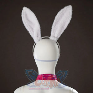 Peacemaker Jaina Hudson White Rabbit cosplay costume turns the tall bunny ears and pink neck band from the back.