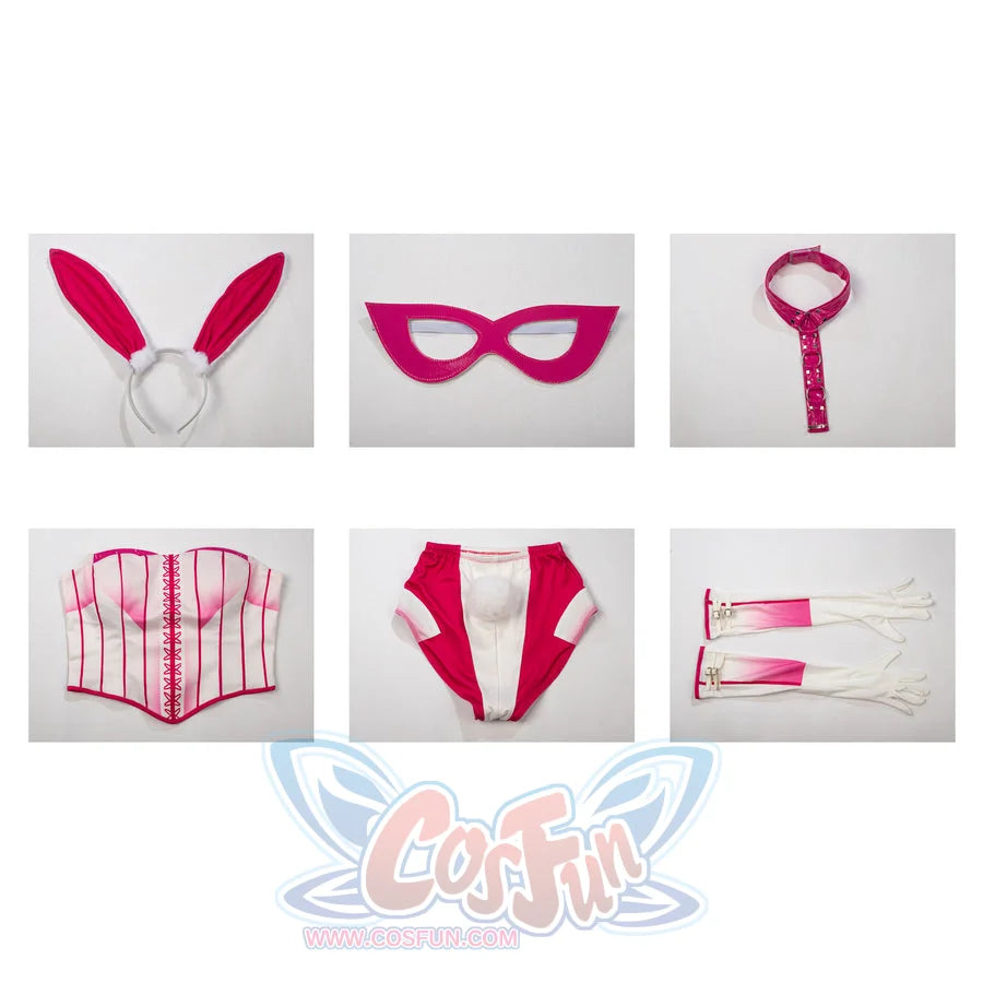 Peacemaker Jaina Hudson White Rabbit cosplay costume lays ears beside mask while corset and sleeves frame the briefs.