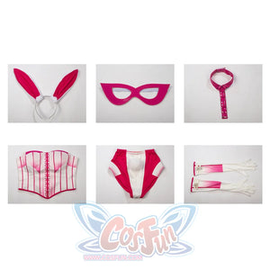 Peacemaker Jaina Hudson White Rabbit cosplay costume lays ears beside mask while corset and sleeves frame the briefs.