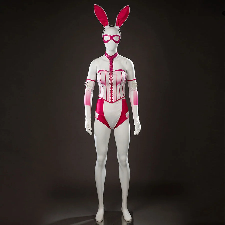 COSFUN Peacemaker Jaina Hudson White Rabbit cosplay costume centers a white and pink bunny suit below tall ears.