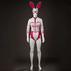 COSFUN Peacemaker Jaina Hudson White Rabbit cosplay costume centers a white and pink bunny suit below tall ears.