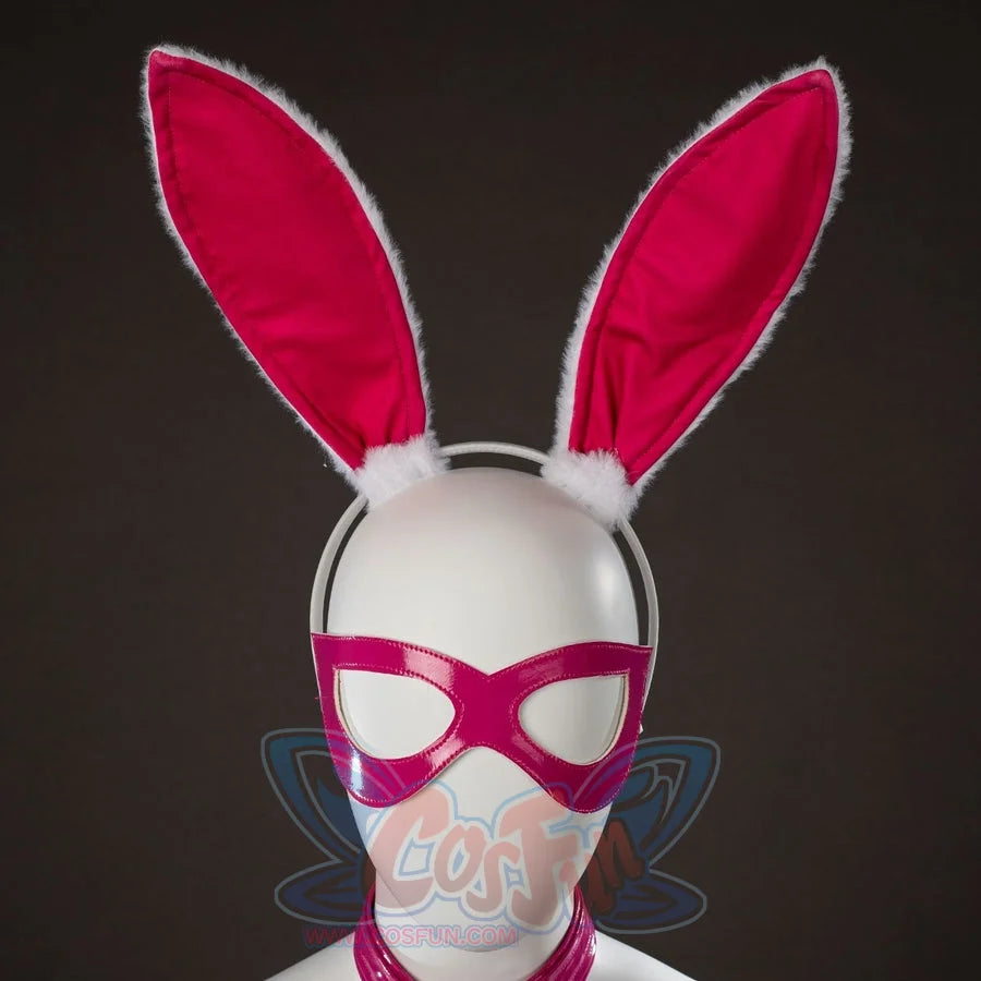 Peacemaker Jaina Hudson White Rabbit cosplay costume centers the pink mask below tall bunny ears.