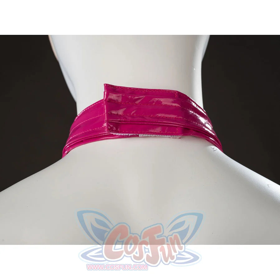 Peacemaker Jaina Hudson White Rabbit cosplay costume centers the glossy pink neck band across the back.