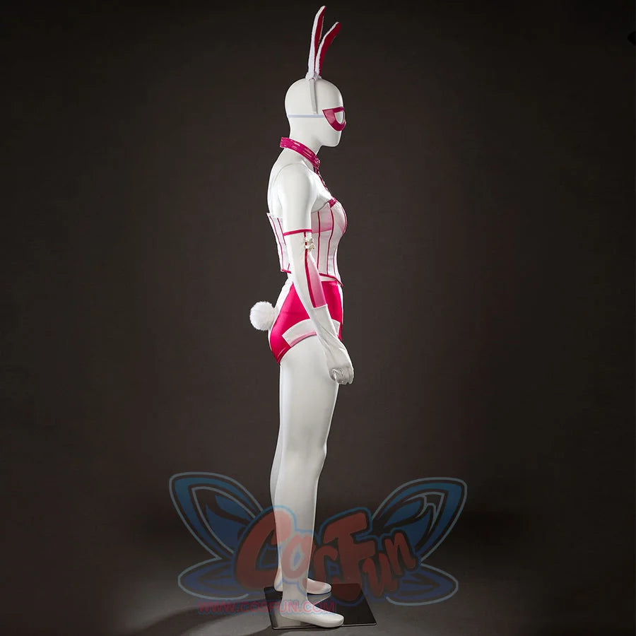 Peacemaker Jaina Hudson White Rabbit cosplay costume profiles the bunny tail behind pink side panels.