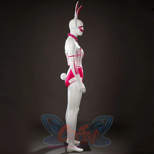 Peacemaker Jaina Hudson White Rabbit cosplay costume profiles the bunny tail behind pink side panels.
