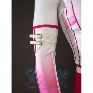 Peacemaker Jaina Hudson White Rabbit cosplay costume anchors white buckles along the pink sleeve panel.