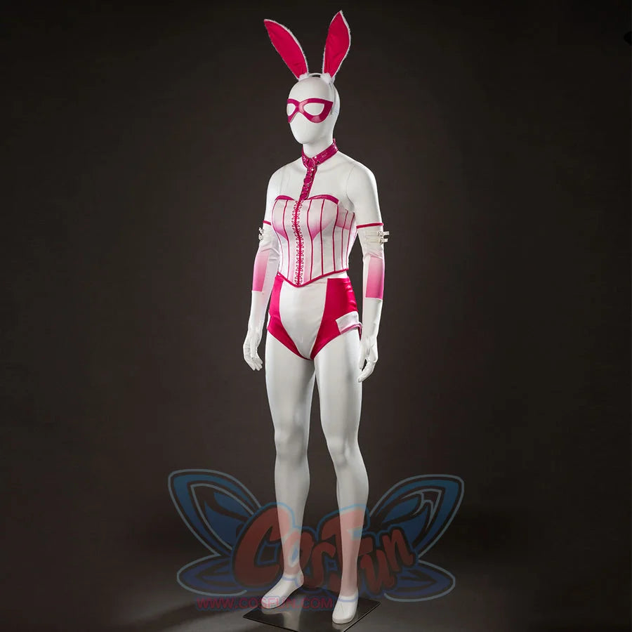 Peacemaker Jaina Hudson White Rabbit cosplay costume sets the pink-laced bodice over white and red briefs.