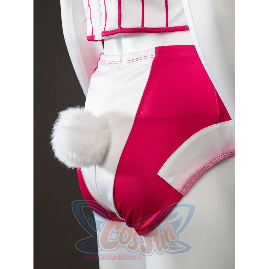 Peacemaker Jaina Hudson White Rabbit cosplay costume frames the fluffy tail beside red hip panels.