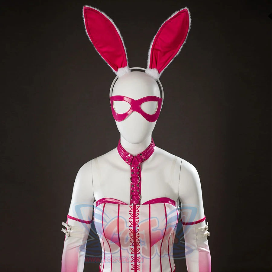 Peacemaker Jaina Hudson White Rabbit cosplay costume frames pink bunny ears above the white corset front.