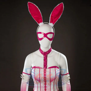 Peacemaker Jaina Hudson White Rabbit cosplay costume frames pink bunny ears above the white corset front.