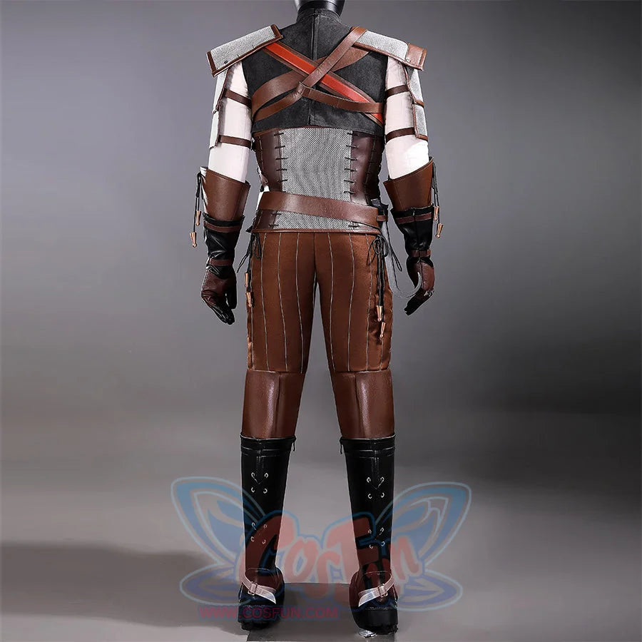 Wild Hunt Geralt of Rivia cosplay costume back view sets shoulder straps over brown pants and black boots