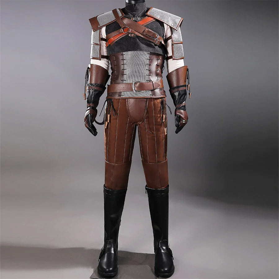 COSFUN Wild Hunt Geralt of Rivia cosplay costume layers brown armor over a gray top and dark pants