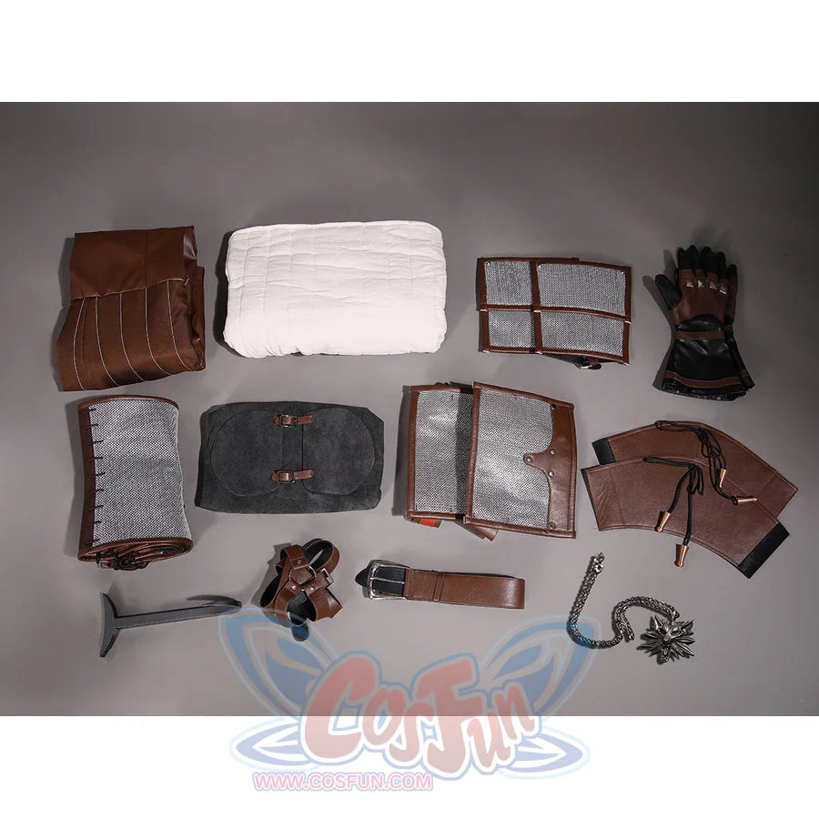 Wild Hunt Geralt of Rivia cosplay costume flat lay arranges armor pieces around pants, gloves, belt and necklace