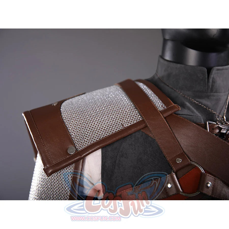 Wild Hunt Geralt of Rivia cosplay costume shoulder detail stacks brown straps over gray textured fabric