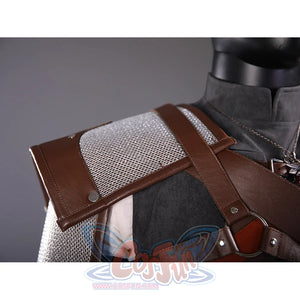 Wild Hunt Geralt of Rivia cosplay costume shoulder detail stacks brown straps over gray textured fabric