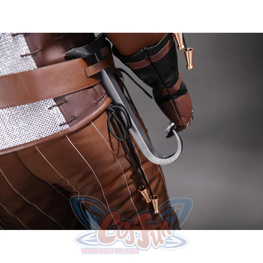 Wild Hunt Geralt of Rivia cosplay costume side accessory hangs a silver-tone hook from brown belt layers