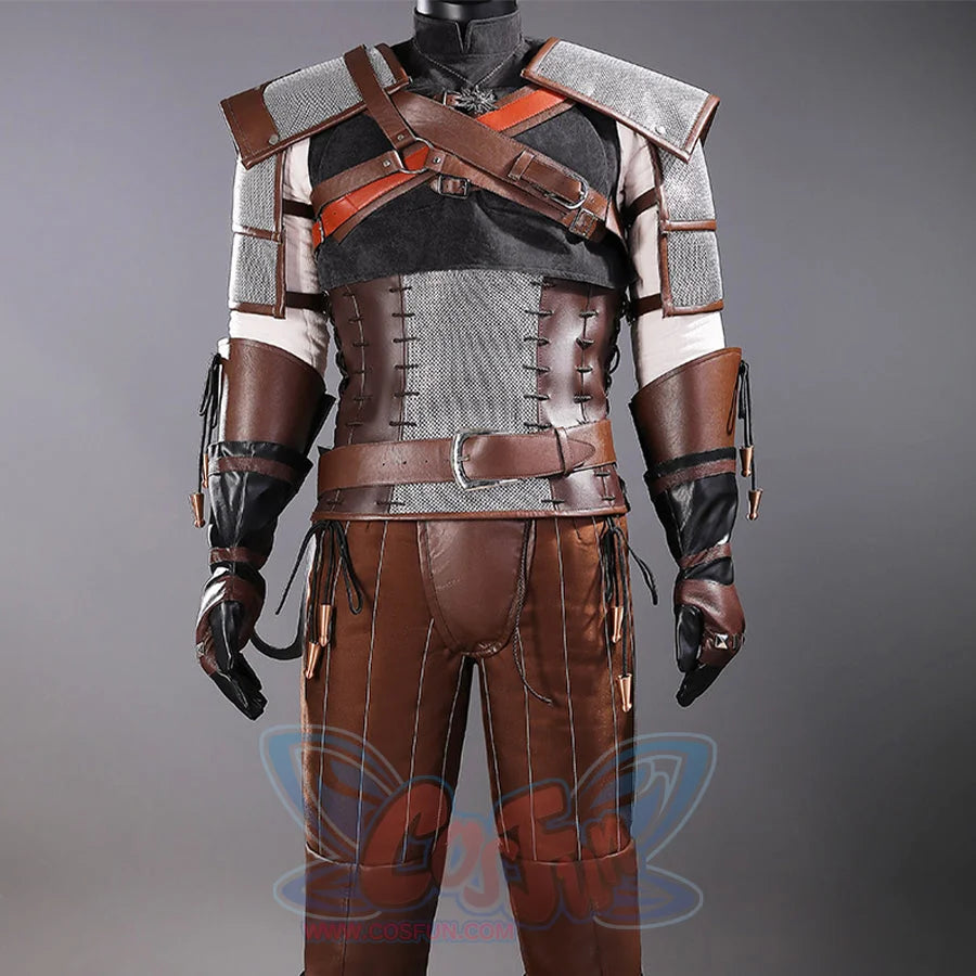 Wild Hunt Geralt of Rivia cosplay costume front detail layers silver shoulder armor over brown strapwork