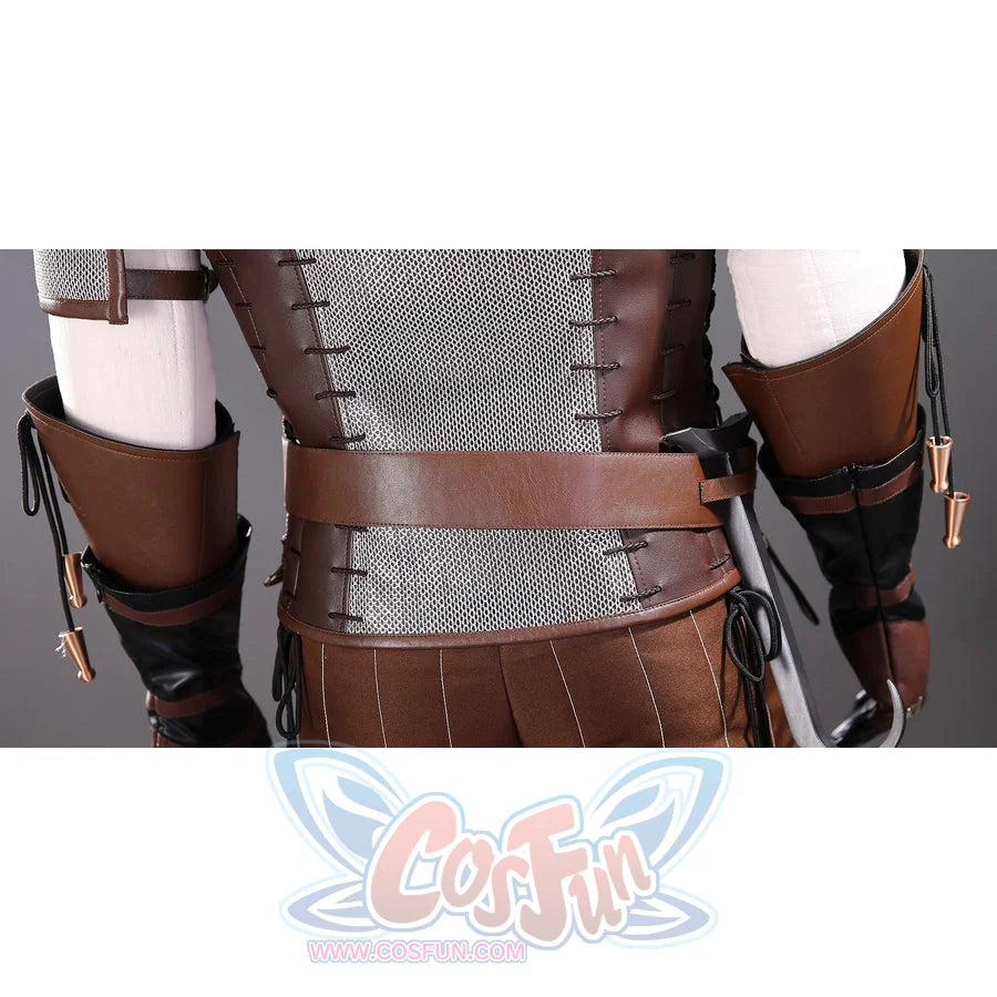 Wild Hunt Geralt of Rivia cosplay costume waist detail stacks gray straps across brown armor panels