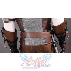 Wild Hunt Geralt of Rivia cosplay costume waist detail stacks gray straps across brown armor panels