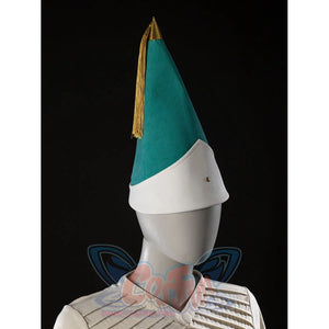 Witch Hat Atelier Coco Tetia Richeh cosplay hat side detail angles a teal pointed cap above the cream robe neckline.