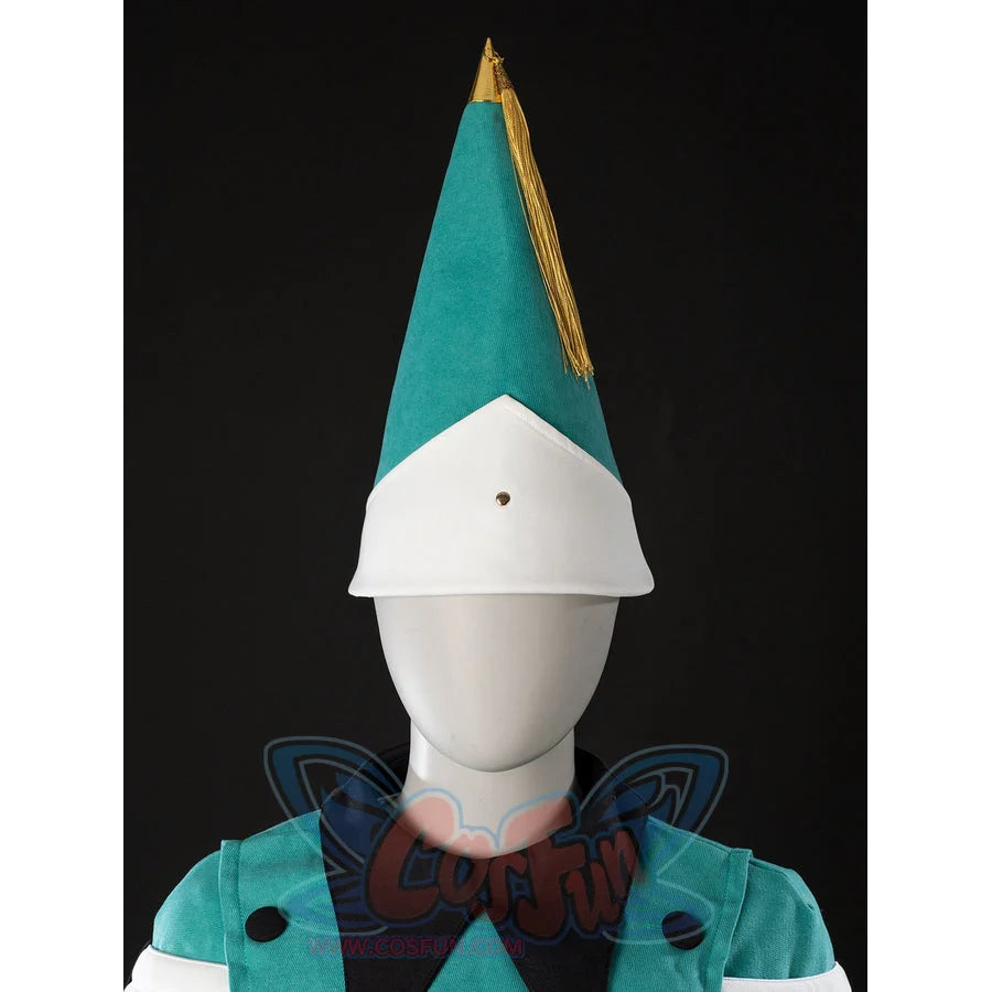 Witch Hat Atelier Coco Tetia Richeh cosplay pointed hat detail sets teal fabric below a gold tassel.