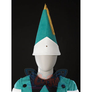 Witch Hat Atelier Coco Tetia Richeh cosplay pointed hat detail sets teal fabric below a gold tassel.