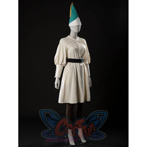 Witch Hat Atelier Coco Tetia Richeh cosplay robe angled front view ties cream pleats under a black waist sash.