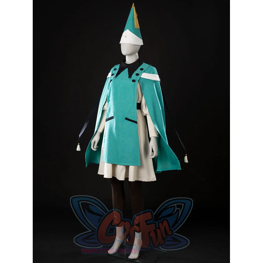 Witch Hat Atelier Coco Tetia Richeh cosplay costume three-quarter view frames the pointed hat above a teal cloak.
