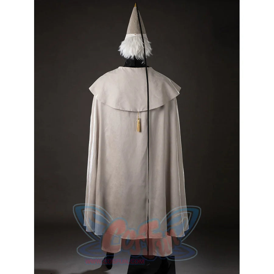 Witch Hat Atelier Qifrey cosplay cape back view drops cream panels from the pointed hat to the tassel.