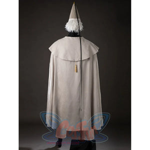 Witch Hat Atelier Qifrey cosplay cape back view drops cream panels from the pointed hat to the tassel.