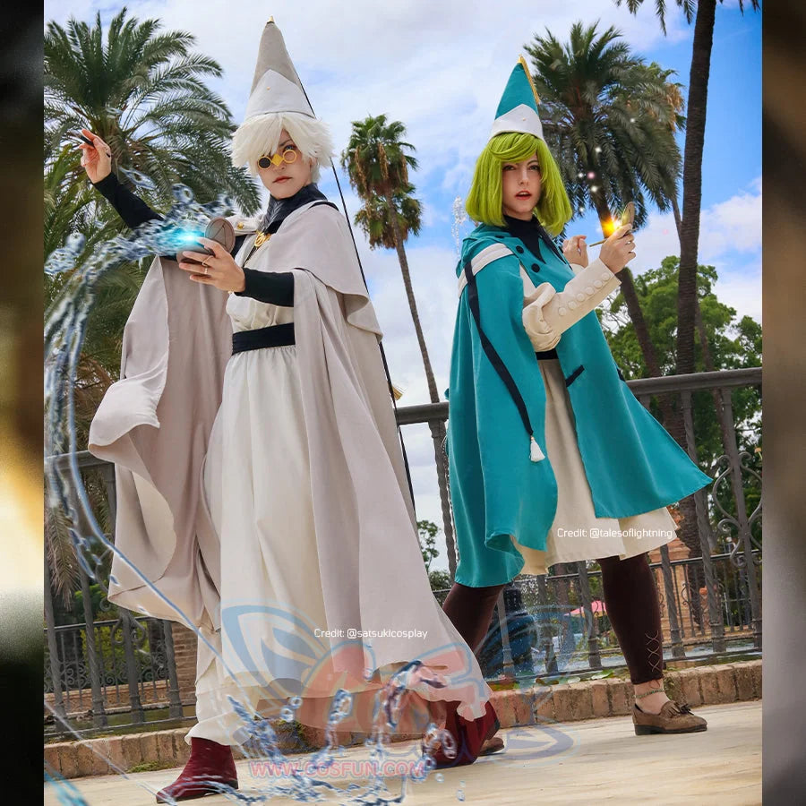Witch Hat Atelier Qifrey and Coco cosplay costumes pair pale and teal capes over matching apprentice robes.