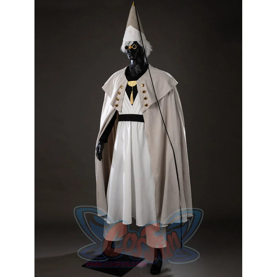 Witch Hat Atelier Qifrey cosplay costume angles the cream cape around white robes and gold brooch accents.
