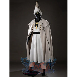 Witch Hat Atelier Qifrey cosplay costume angles the cream cape around white robes and gold brooch accents.