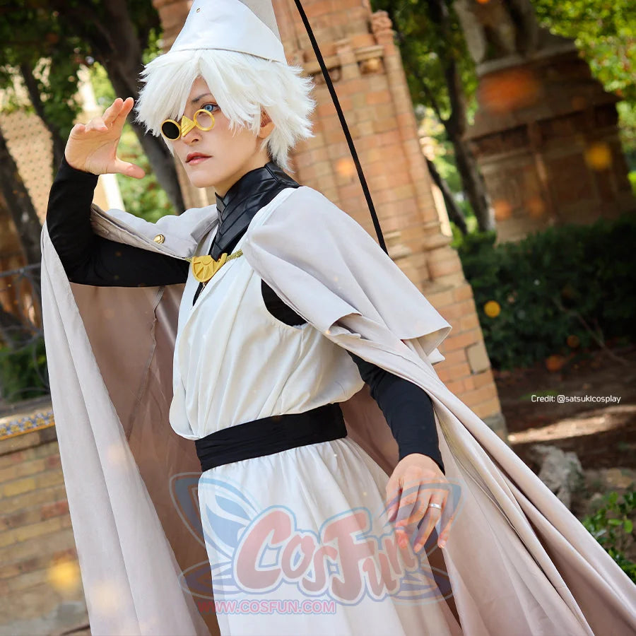 Witch Hat Atelier Qifrey cosplay costume angled view frames the white robe beneath a pale layered capelet.
