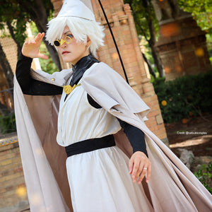 Witch Hat Atelier Qifrey cosplay costume angled view frames the white robe beneath a pale layered capelet.