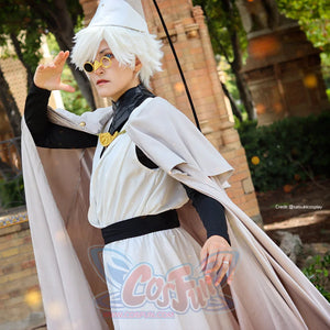 Witch Hat Atelier Qifrey cosplay costume angled view frames the white robe beneath a pale layered capelet.