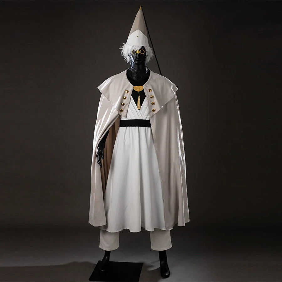 COSFUN Witch Hat Atelier Qifrey cosplay costume layers a cream cape over white robes, black collar, and pointed hat.