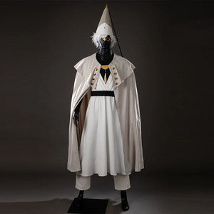 COSFUN Witch Hat Atelier Qifrey cosplay costume layers a cream cape over white robes, black collar, and pointed hat.