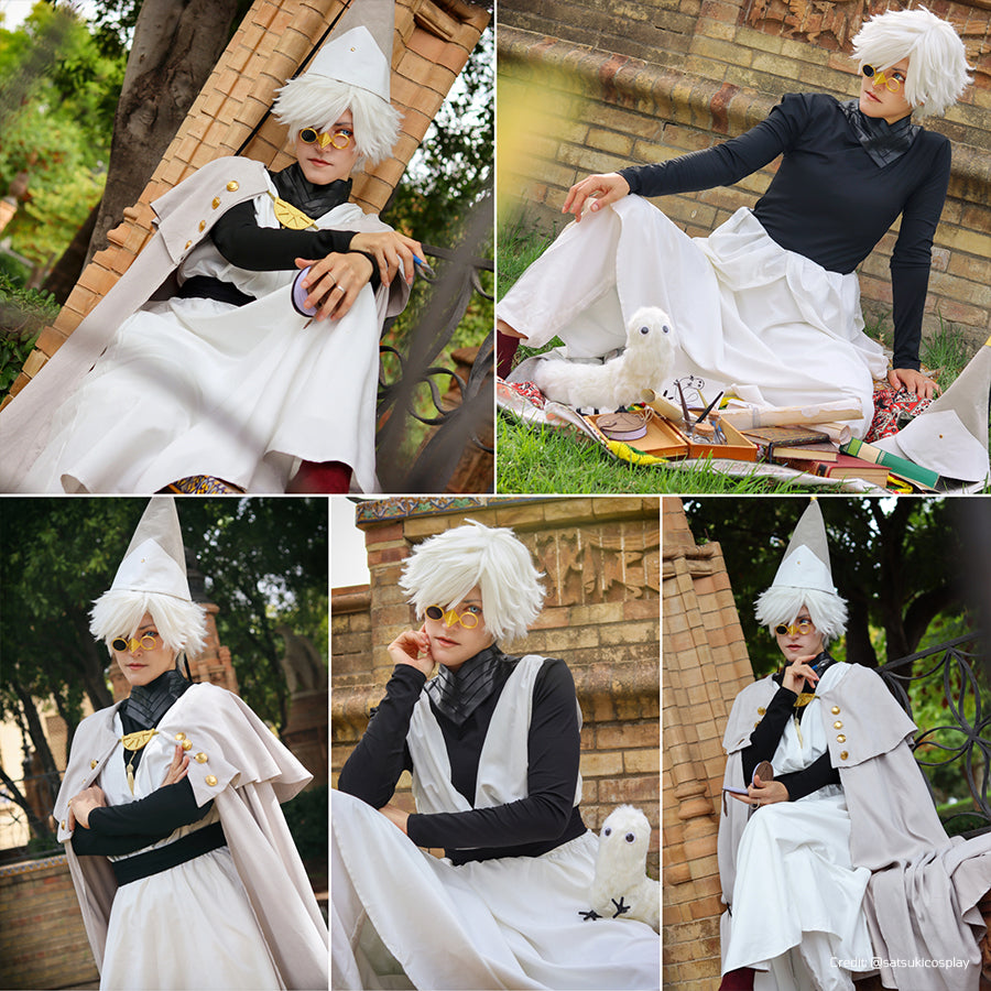 Witch Hat Atelier Qifrey cosplay costume collage gathers seated poses beneath a pale cape draped over the white robe.